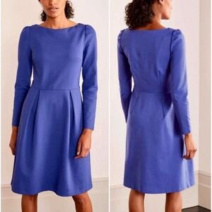 Boden Melanie Ponte Blue Knit‎ A-Line Pleated Dress Boatneck Pockets Size 6R